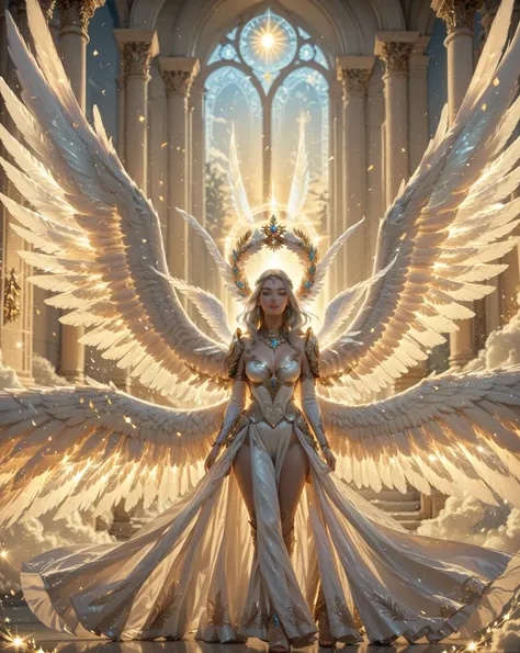 A majestic angel with ((8 large spiritual wings)) glows softly with (a divine aura).