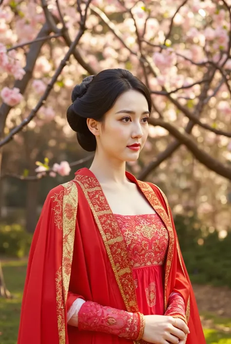 
﻿
High definition professional photography style, natural skin texture. This captivating image features a Korean woman donning a traditional hanbok—a vibrant, intricately embroidered garment in shades of red and gold. She stands in the serene gardens of a...