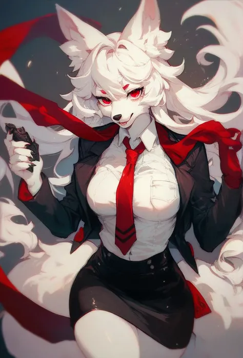  Furry wolf girl with white hair, white ears ,  white skin,  red eyes,  red tie , black suit and black skirt 
