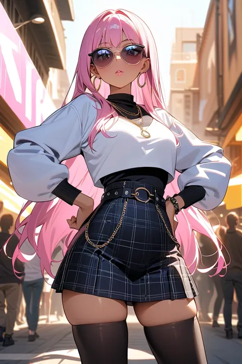 1 girl, masterpiece,  high resolution, accurate,  high detail,"A stylish improve high school girl with sleek, straight pink long hair and tanned skin, a trendy shopping district in broad daylight. hands on hips, legs crossed, confident pose, stylish, bold ...