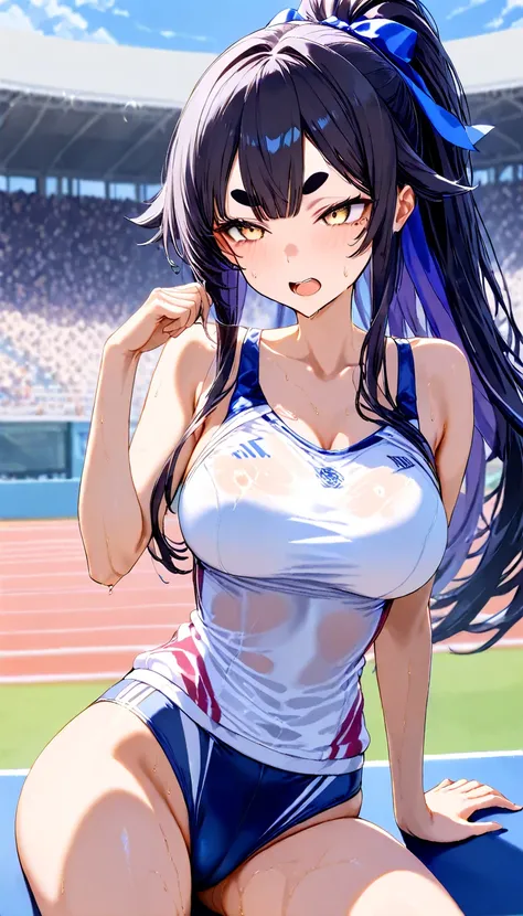 ( tight camisole,  Wakino:1.3),​( top quality, 8k,  masterpiece:1.3, beautiful girl), growing skin,((( long hair, ponytail, blue ribbon, beautiful hair, black hair:1.2))),( perfect anatomy, very well detailed skin),((  golden eyes , droopy eyes ,Narrow eye...