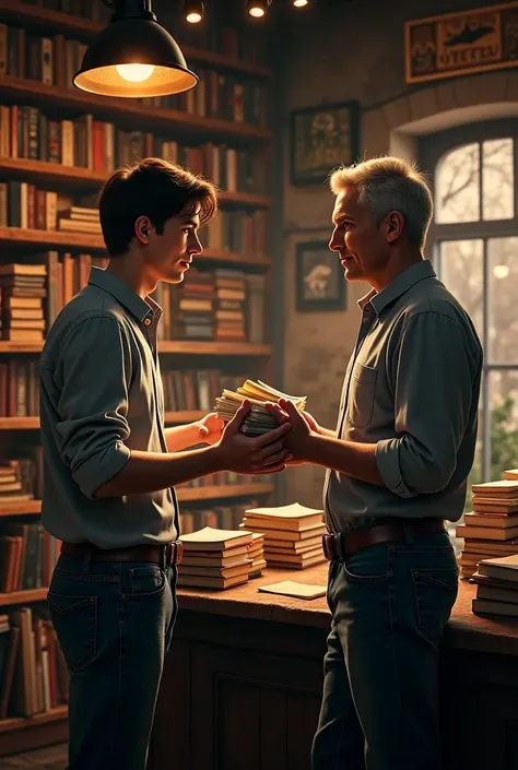 a guy in his twenties holding books and negotiating with a man in an old bookshop