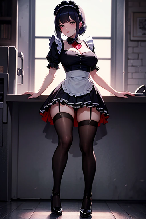  Supreme Masterpiece　 anime　 beautiful girl　 sexy　Cyberpunk　 maid outfit　black　red　 full body