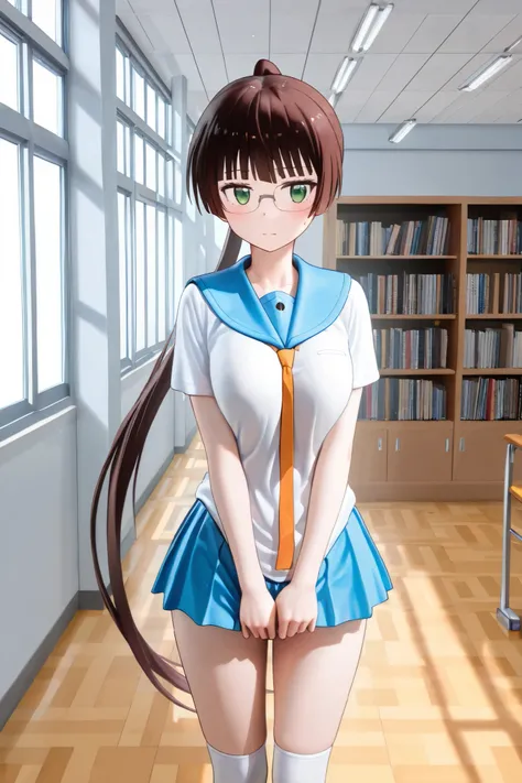 NSFW, Masterpiece, top quality, Hi-Res, very detailed,Ruri Miyamoto\(Nisekoi\)、 long hair、bangs, brown hair at the gym, green eyes、 ponytail、Glasses、鈍いbangs, small tits, skirt、 shirt、 knee socks、uniform、clavicle、白い shirt、プリーツ skirt、 tie、 sailor suit、 sailo...