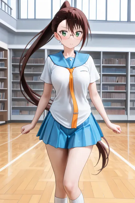 NSFW, Masterpiece, top quality, Hi-Res, very detailed,Ruri Miyamoto\(Nisekoi\)、 long hair、bangs, brown hair at the gym, green eyes、 ponytail、Glasses、鈍いbangs, small tits, skirt、 shirt、 knee socks、uniform、clavicle、白い shirt、プリーツ skirt、 tie、 sailor suit、 sailo...