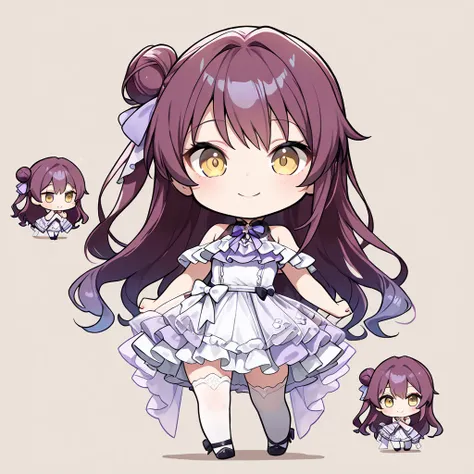 ((masterpiece, best quality, extremely detailed)), 1girl, ((chibi, chibi only)), purple hair, long hair, left single side bun, yellow eyes, (frilled dress, layered dress, sleeveless, bare shoulders, see-through overskirt, frills), thighhighs, hair ribbon, ...