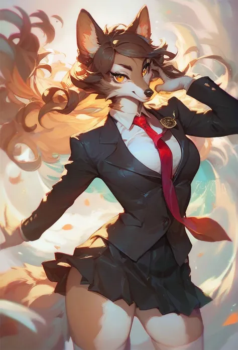 Furry wolf girl with brown hair,  brown ears ,  white skin,  golden eyes,  red tie , black suit and black skirt 
