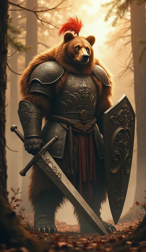 Create a breathtaking digital artwork or photo manipulation of a majestic Ursan Knight, a fusion of a towering brown bear and a noble medieval warrior, standing in a misty pine forest. His massive, fur-covered body is clad in intricately engraved full plat...