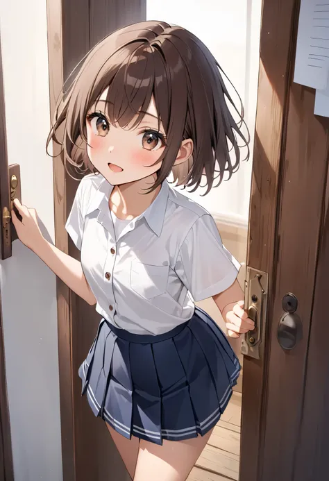  brown hair short hair、White short sleeve button down shirt、 Navy Blue Pleated Skirt、 middle school student、Open the wooden door and show your face