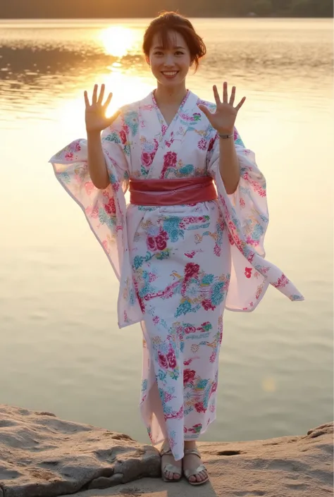 High definition professional photography style, natural skin texture. In this stunning photograph, a Japanese woman wears a chic and modern yukata—a lightweight, casual kimono often worn during summer festivals. She poses by the edge of a serene lake, with...