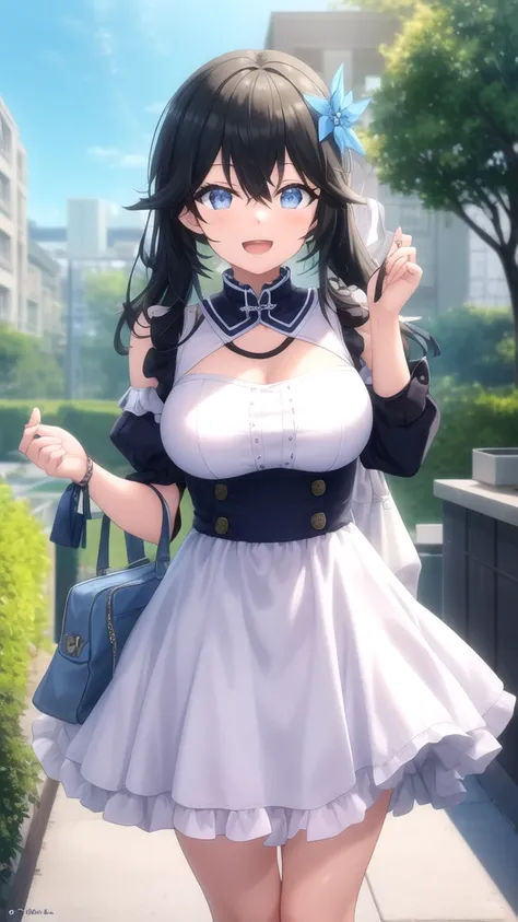 masterpiece, best quality, high quality, girl, solo, looking at viewer, masamune_makabe, black hair, blue eyes, large breasts, Genshin Impact cosplay, Lumine Dress cosplay, White Dress, standing, smile, open mouth, outdoors 