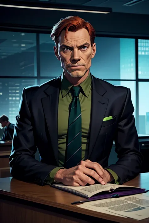 John Malkovich as Marvel Comics' Norman Osborn. Norman is seated behind a desk in front of a large window inside a modern urban office. Norman has neatly-combed auburn hair. Norman wears a black suit with a green shirt and a purple tie. Norman projects a s...