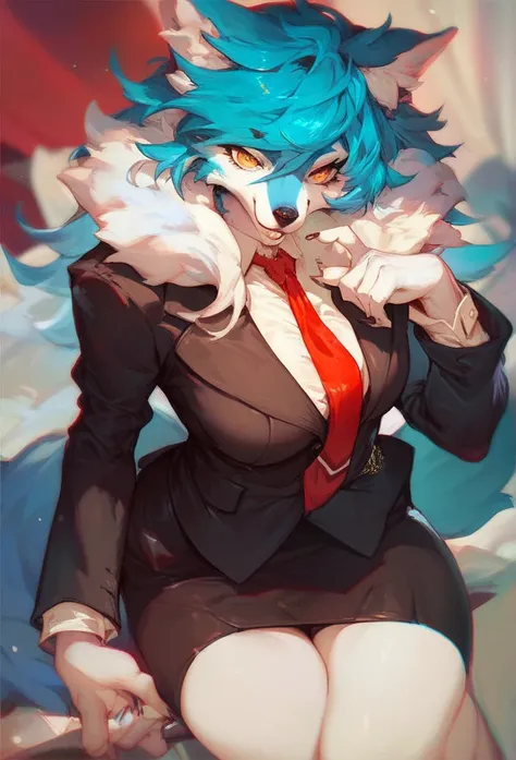 Furry wolf girl with blue hair, blue ears,  white skin,  golden eyes,  red tie , black suit and black skirt 
