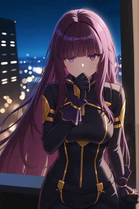 masterpiece, best quality, 1girl, solo, sdeta, purple hair, blunt bangs, long hair, purple eyes, black bodysuit, gold trim, black gloves, black pants, night, upper body, looking at viewer, tired, bokeh, city