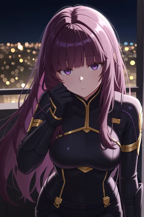 masterpiece, best quality, 1girl, solo, sdeta, purple hair, blunt bangs, long hair, purple eyes, black bodysuit, gold trim, black gloves, black pants, night, upper body, looking at viewer, tired, bokeh, city