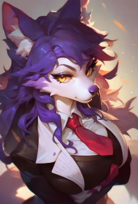 Furry wolf girl with purple hair,  purple ears ,  white skin,  golden eyes,  red tie , black suit and black skirt 
