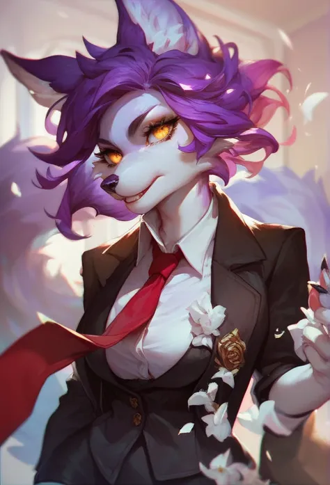 Furry wolf girl with purple hair,  purple ears ,  white skin,  golden eyes,  red tie , black suit and black skirt 
