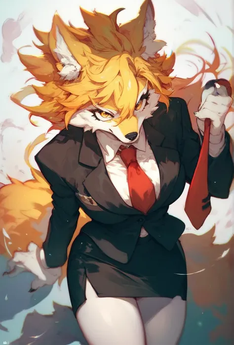 Furry wolf girl with yellow hair, yellow ears,  white skin,  golden eyes,  red tie , black suit and black skirt 
