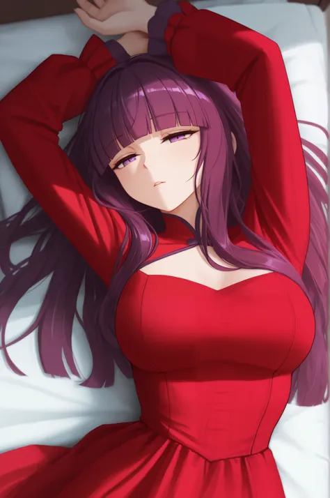 masterpiece, best quality, 1girl, solo, sdeta, purple hair, blunt bangs, long hair, purple eyes,half-closed eyes,red dress,on the bed,lieing,arms up,from above