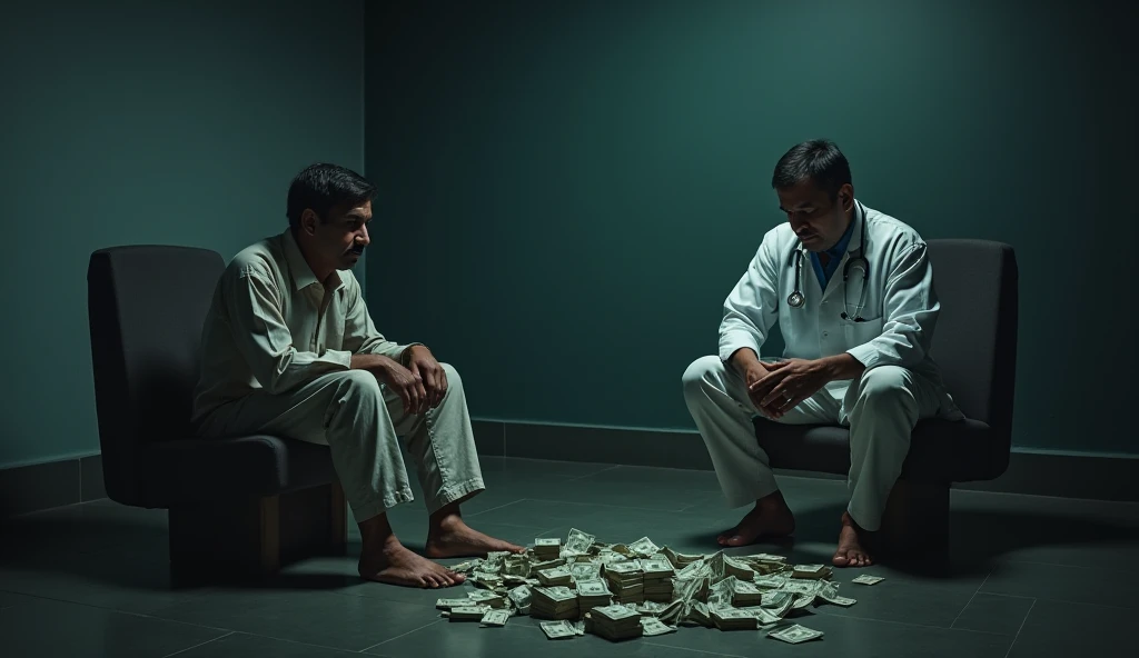 "A heartbreaking and dark depiction of medical corruption. A poor man, weak and helpless, sits in a government hospital where his surgery costs only 200 rupees. However, a greedy doctor refuses to treat him there and instead forces him to go to a private h...