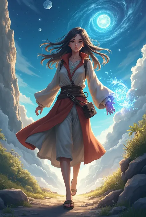 traveler , it can be as space and time/ general normal travelar . Women with dark-brown long hair and brown eyes. Without backpack. In style of solo levering anime . With magical power 