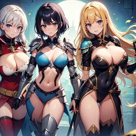 Best quality, best quality, vibrant colors, shiny skin, group of women, big breasts, armor, gauntlets