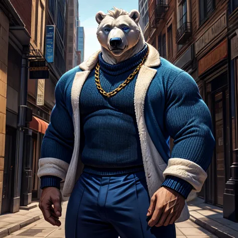  Koslov navy blue costume   (   tall and large polar bear with blue eyes),   bodyguard for men  , , mafia style  ,   black sweater, Golden chain ,   fully dressed   