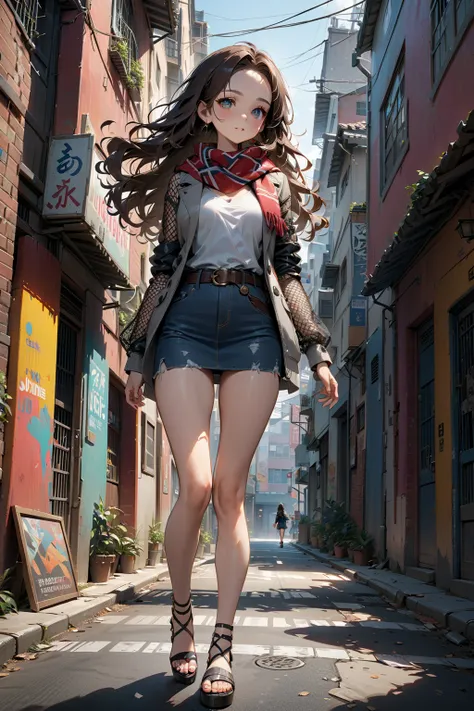 pretty young woman, crossing a road in alley, BREAK, (forehead, dark-brown hair, wavy hair), BREAK, ( (gray long sleeves jacket (+fishnet mesh sleeves)), white undershirt, denim pencil mini skirt with belt, heel sandals, multicolored scarf), BREAK, (1girl,...