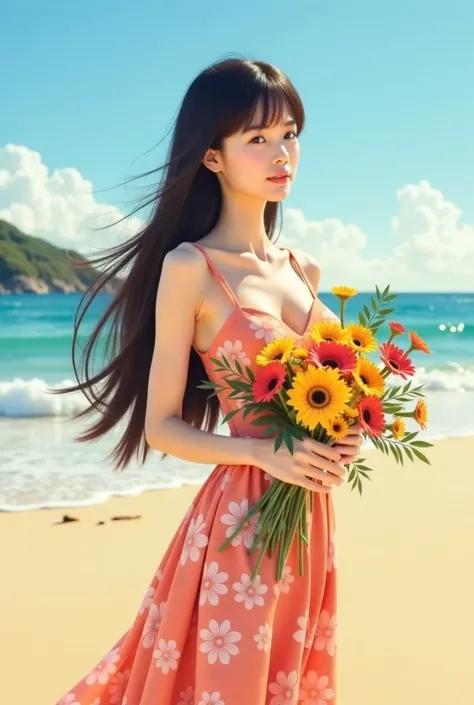 Asian lady happy nice body big boobs holding flowers in floral dress straight bangs in beach backgrounds 