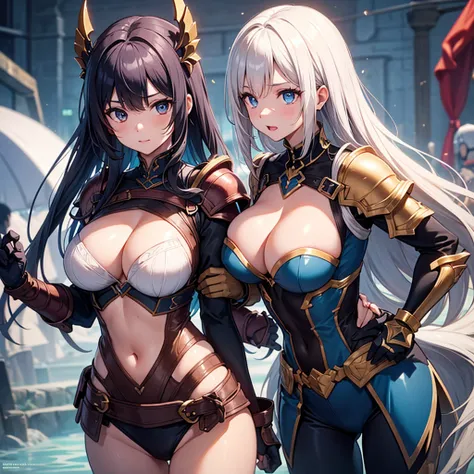 Best quality, best quality, vibrant colors, shiny skin, group of women, big breasts, armor, gauntlets