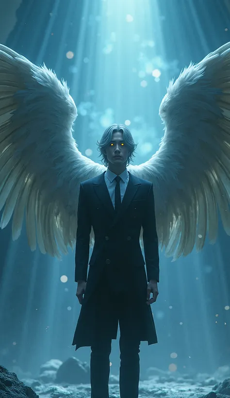 Design a captivating scene featuring a mystical interaction between a dignified Korean man in a sleek, modern suit and Lucifer, who stands with a commanding yet curious presence. Lucifer should exude an aura of both power and allure, with strikingly handso...