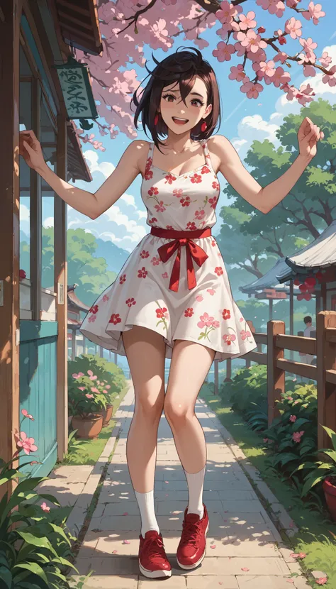 rape, Momo Ayase 18, short sleeveless summer dress with floral print, white socks and red shoes, happy smile on face, cherry blossom orchard, loud onomatopoeic speech, sunny morning, full-length view