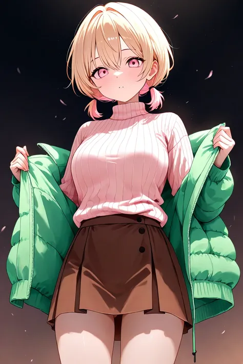  Light Blonde、Pale pink eyes、 Unkempt Short Hair 、 lower ponytail、Light Pink Ripped Sweater 、 Green Oversized Jacket、 brown skirt、 brown knee-high、 High Quality 、 tattered、Hurt、My clothes are full of holes、despair、 has exposed skin、 staring at you、R-18、 C ...