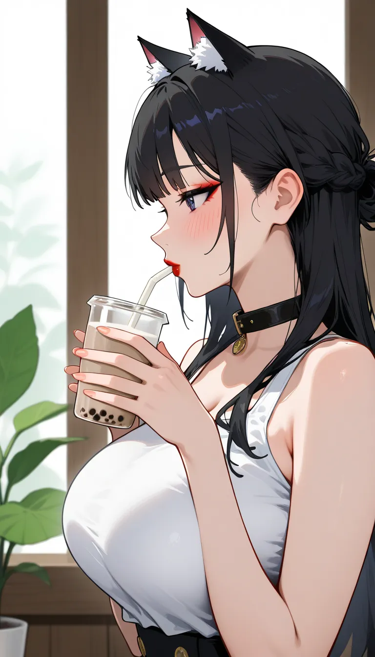 一个cute的女孩，Profile，cute，Baby Face Big Breasts， well-shaped ，Short， long black hair， red lips，gentle，Blush，Eyeshadow， collar，Cat ears，hairstyle， on t ，Hands holding milk tea，A cute girl with a straw in her mouth ，Milk tea shop，Light luxury ，Green plants