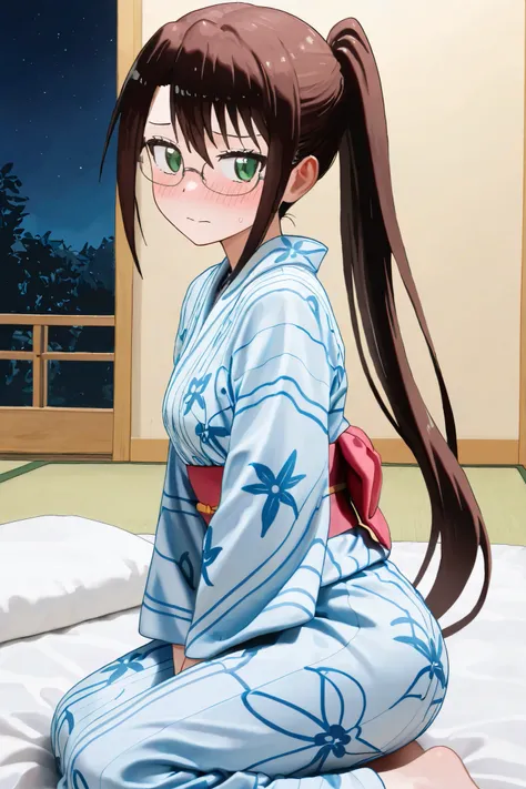 NSFW, Masterpiece, top quality, Hi-Res, very detailed,Ruri Miyamoto\(Nisekoi\)、 long hair、bangs, brown hair at the gym, green eyes、 ponytail、Glasses、鈍いbangs, small tits, kimono,yukata,hostel,Japanese-style room,tatami,Embarrassed,blush,futon,night