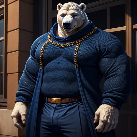  Koslov navy blue costume   (   tall and large polar bear with blue eyes),   bodyguard for men  , , mafia style  ,   black sweater, Golden chain ,   fully dressed   