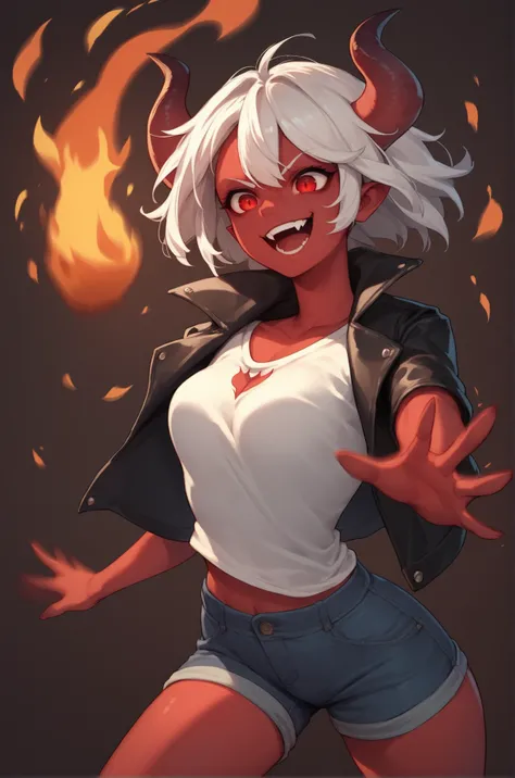 score_9, score_8_up, score_7_up, source_cartoon, a demon girl, solo, horns, evil red eyes, red skin, wide open smile, white hair, leather jacket, tshirt, denim shorts, medium breast, bounce breast, chest focus, fire, motion blur, dark background