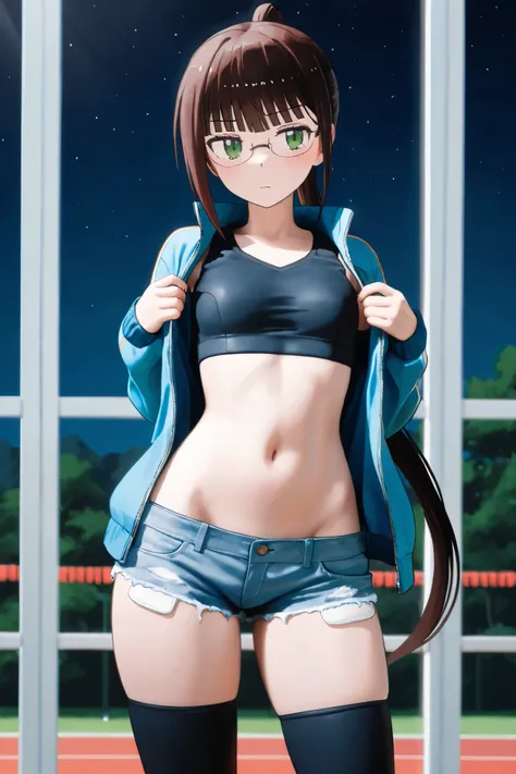 NSFW, Masterpiece, top quality, Hi-Res, very detailed,Ruri Miyamoto\(Nisekoi\)、 long hair、bangs, brown hair at the gym, green eyes、 ponytail、Glasses、鈍いbangs, small tits, jacket, crop top, denim shorts , knee-high socks,Groin, night entertainment district