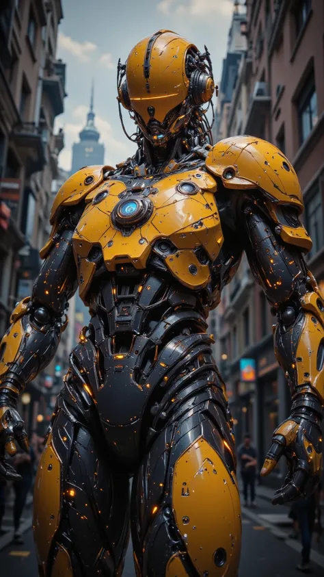  {x} A cutting-edge hybrid mechanical robot with a carefully integrated yellow plastic safety camera， with emerging technology 。"cyberdyne" Magnificent presence in cinematic 、 in epic realistic 8K resolution scenes ， highlighting highly detailed compositio...