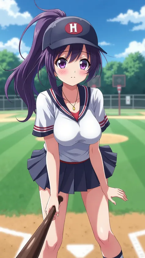 Japanese anime style、 high school girl 、baseball tight uniform、  Baseball Cap  、Dark Purple Long Hair、single ponytail、  purple pupil、skirt、 Chest plump、driving range、left-hitter