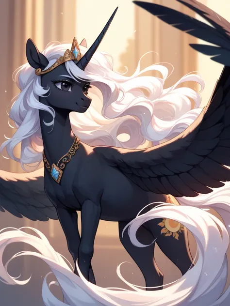 Alicorn Pony. unicorn with wings. Black wool.  black eyes . Very long, wavy white mane