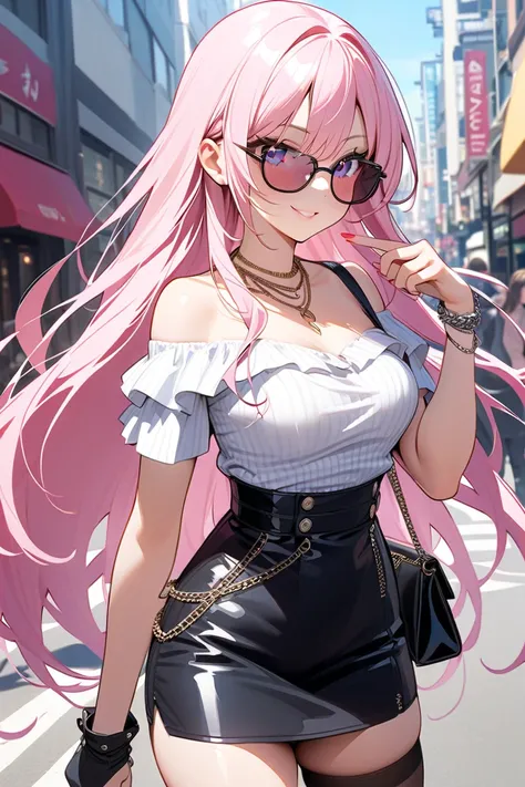 1 girl, masterpiece,  high resolution, accurate,  high detail,"A stylish improve high school girl with sleek, straight pink long hair and tanned skin, a trendy shopping district in broad daylight. inward-turned legs, finger on lips, mischievous smile, play...