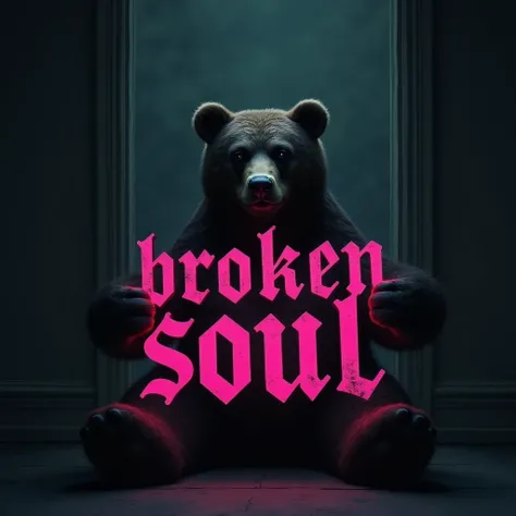 Create an image similar to the reference one leaving the bear as it is but change the letters to pink and gothic style and also have them say the phrase: broken soul (plug house ) 