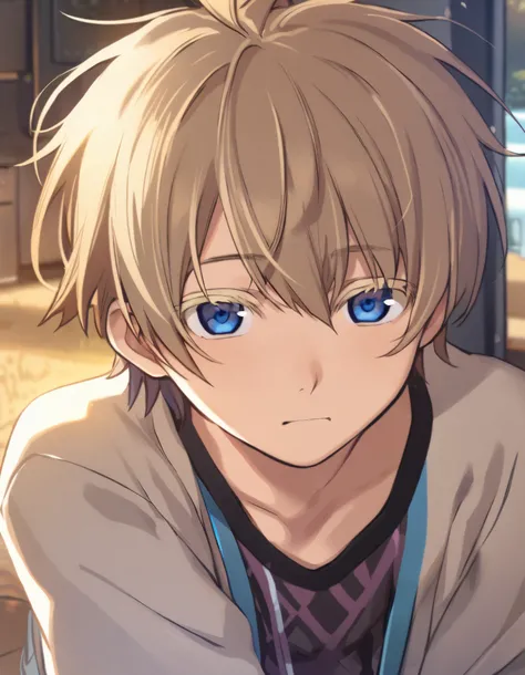 1boy, shota, short messy boyish hair, blonde hair, colored eyelashes, blonde eyelashes, blue eyes