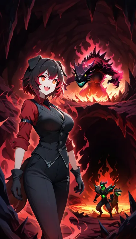 3girls, (cave, cavern, hell, red aura:1.4), htcerberus, demon girl, dog girl, red shirt, waistcoat, arm garter, black vest, black gloves, black pants, black necktie, :D 