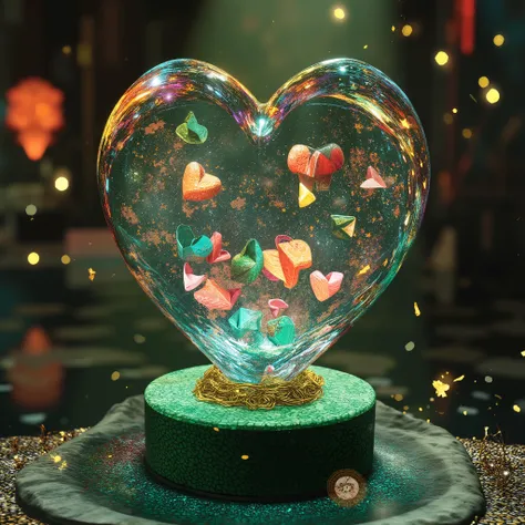 Decorated heart shaped glass vessel with vibrant paper origami hearts inside on jade pedestal enhance with golden sprites. Truly fantastical location, Magical, enchanted, fantasy. Hyperrealistic, splash art, concept art, mid shot, intricately detailed, col...