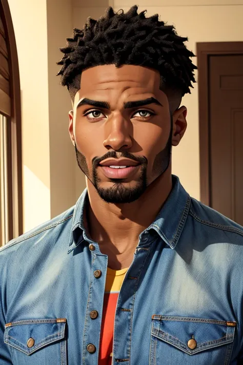 A portrait of a handsome African American male whose facial features are a combo of Jason Derulo + Charles Michael Davis. The male has a lean figure. The male wears a denim shirt and jeans. The male looks relaxed but charismatic. Symmetrical eyes. Symmetri...