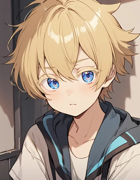1boy, shota, short messy boyish hair, blonde hair, colored eyelashes, blonde eyelashes, blue eyes