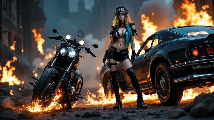 (masterpiece, best quality), A breathtaking young woman (((full body))) in long leather clothing, always in the foreground, radiant hair flowing in various punk-style colors, dressed in the Mad Max style: a leather pilot's hat adorned with intricate orname...