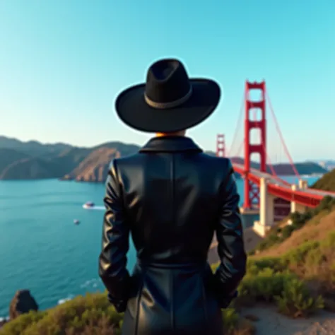 (photorealism:1.2), "A woman standing outdoors with her back to the camera, wearing a black leather jacket and a stylish black hat. She gazes at the iconic Golden Gate Bridge in the background, with the clear blue sky providing a bright, serene backdrop. T...